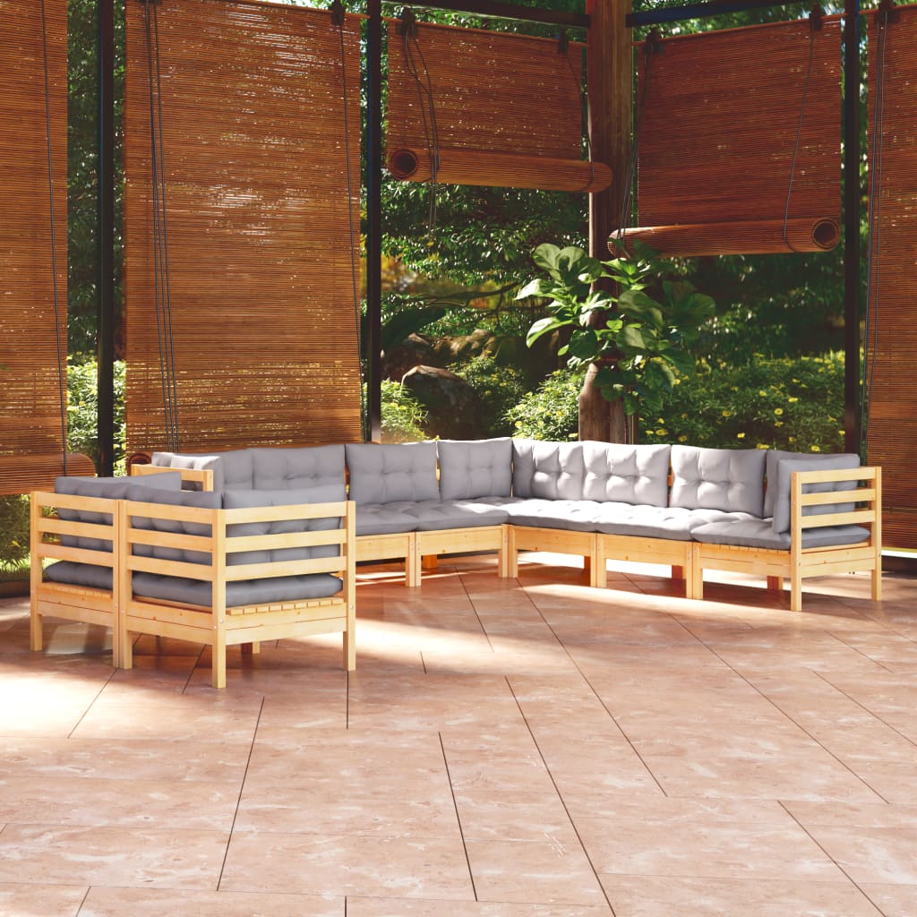 vidaXL Set mobilier grădină cu perne, 9 piese, gri, lemn masiv pin Grădină