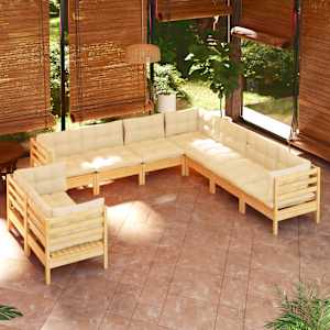 Vrtna sedežna garnitura 9-delna s krem blazinami trdna borovina