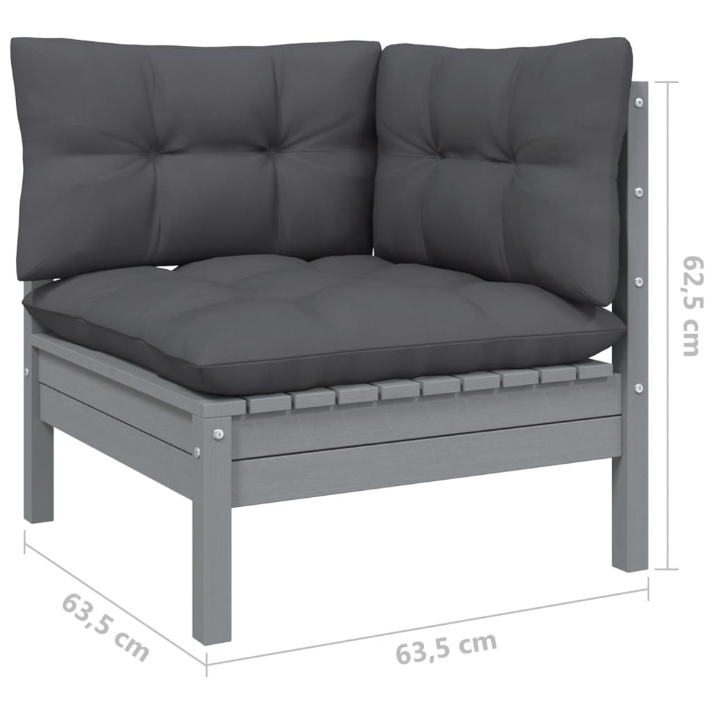Set mobilier de grădină cu perne, 9 piese, gri, lemn masiv pin