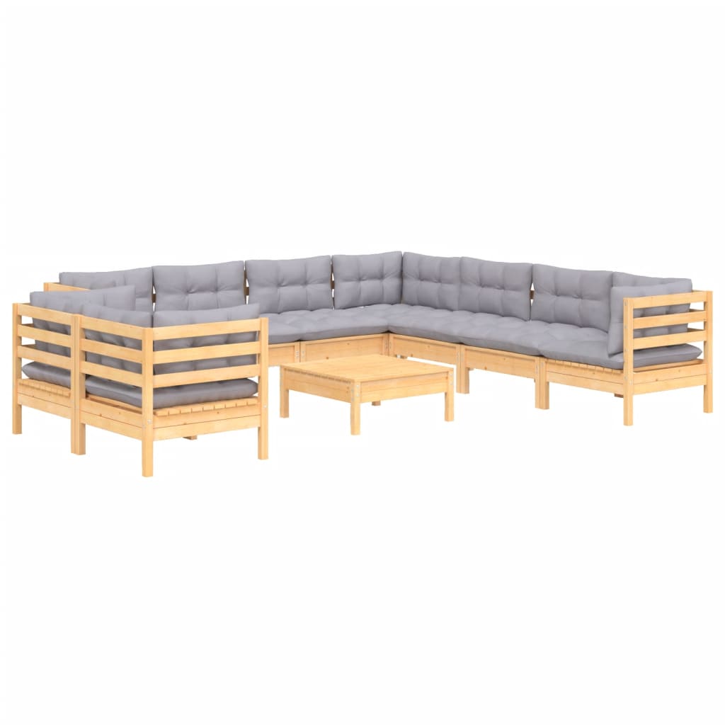 

vidaXL 10-delige Loungeset met grijze kussens massief grenenhout