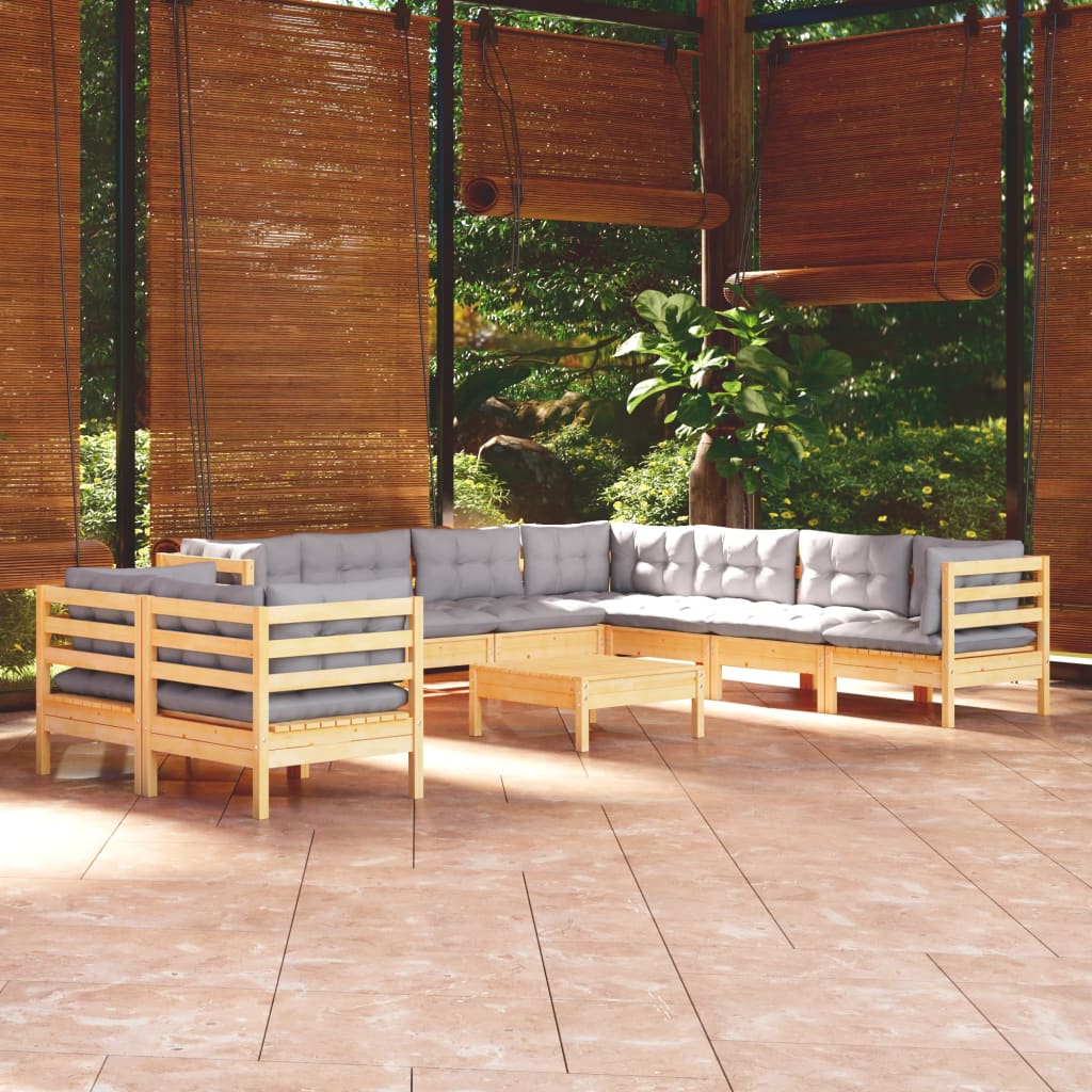 vidaXL 10-tlg. Garten-Lounge-Set mit Grauen Kissen Massivholz Kiefer