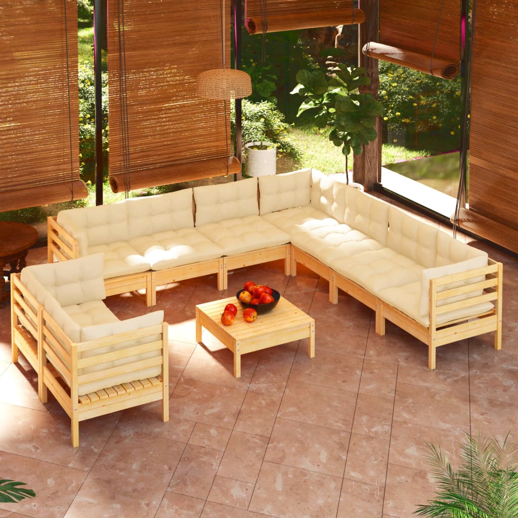 10-tlg. Garten-Lounge-Set mit Creme Kissen Massivholz Kiefer