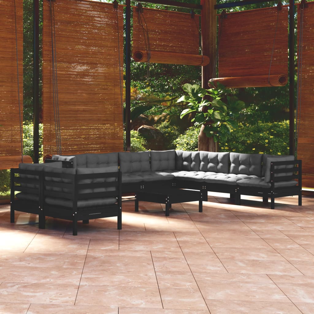 vidaXL 10-tlg. Garten-Lounge-Set mit Kissen Schwarz Massivholz Kiefer