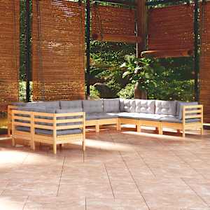 Vrtna sedežna garnitura 10-delna s sivimi blazinami borovina