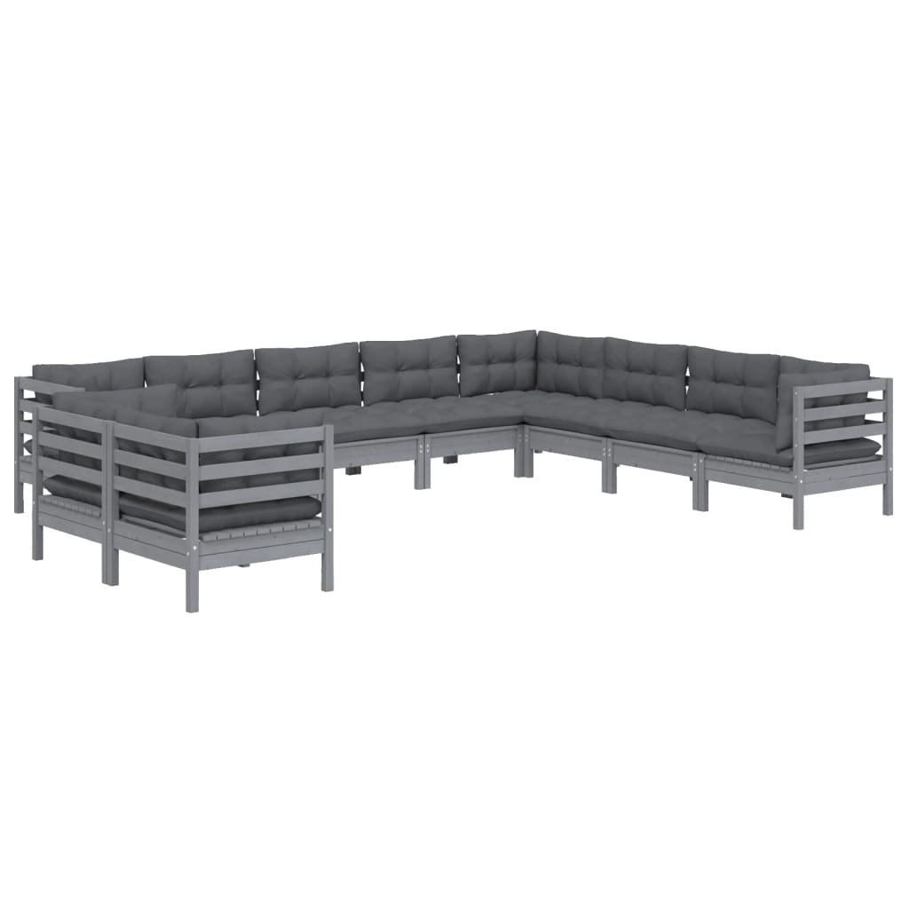 

vidaXL 10-delige Loungeset met kussens massief grenenhout grijs