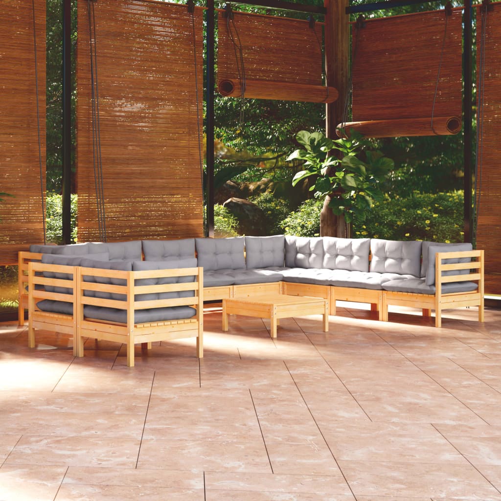 vidaXL 11-tlg. Garten-Lounge-Set mit Grauen Kissen Massivholz Kiefer