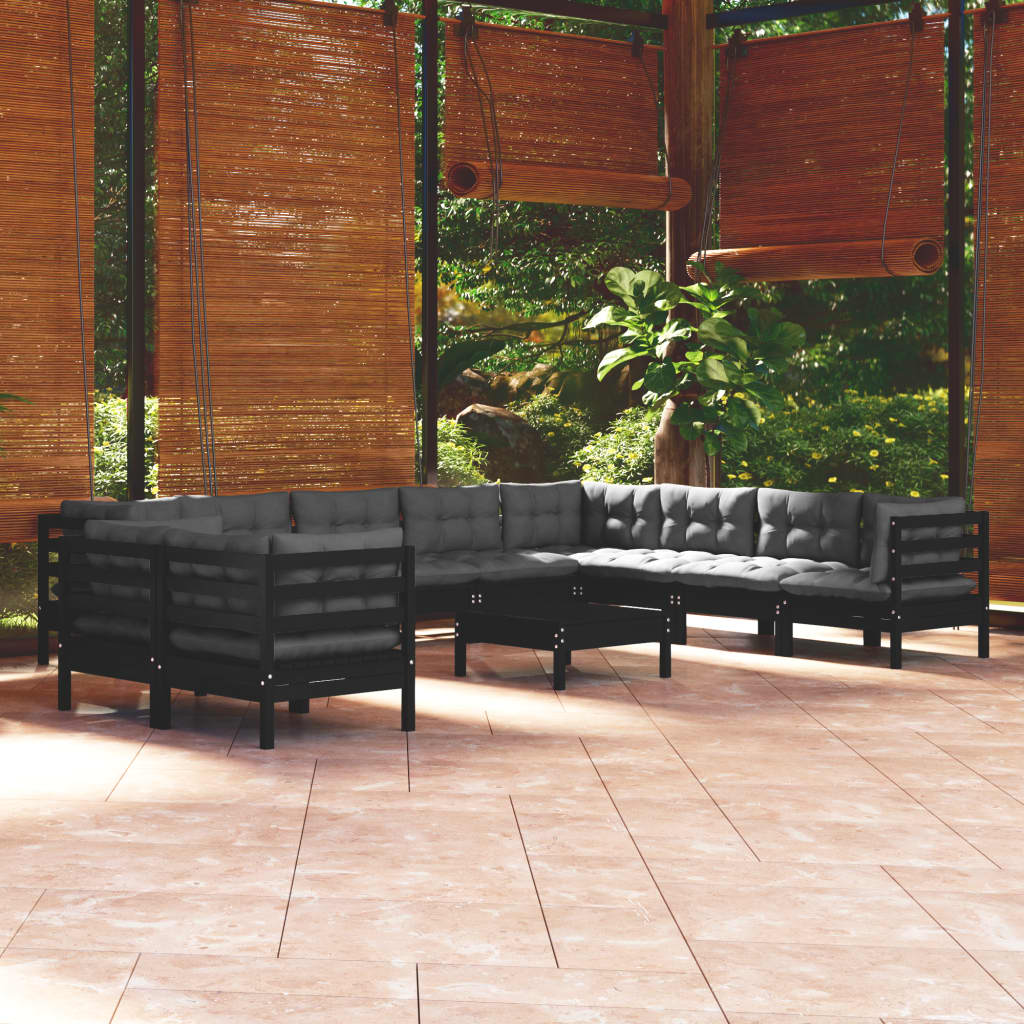 Salon de jardin 11 pcs avec coussins Noir Bois de pin solide