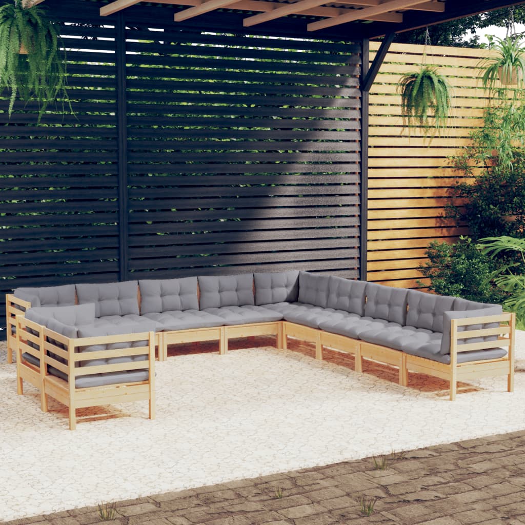 vidaXL 11-tlg. Garten-Lounge-Set mit Grauen Kissen Massivholz Kiefer