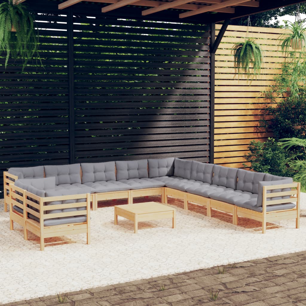 Salon de jardin 12 pcs avec coussins gris Bois de pin solide