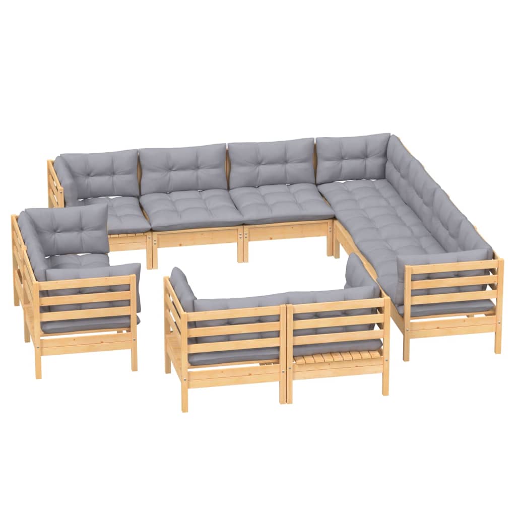 

vidaXL 11-delige Loungeset met grijze kussens massief grenenhout