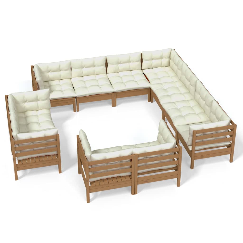 Градински комплект с възглавници, 11 части, меденокафяв, бор