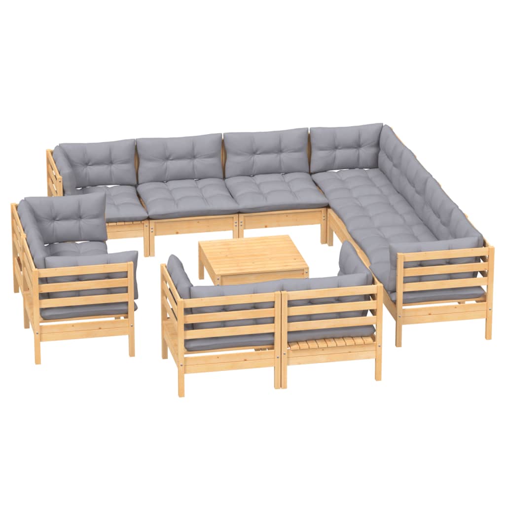 

vidaXL 12-delige Loungeset met grijze kussens massief grenenhout