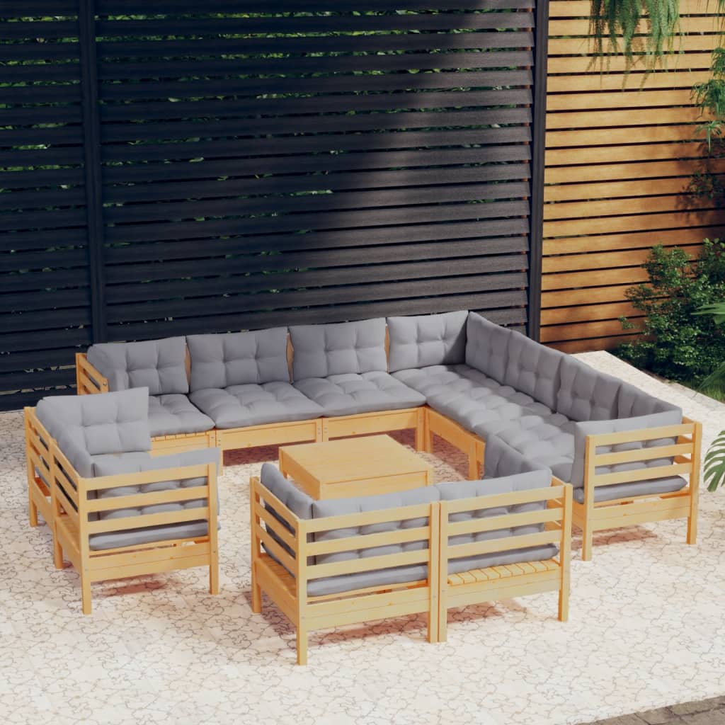 Salon de jardin 12 pcs avec coussins gris Bois de pin solide