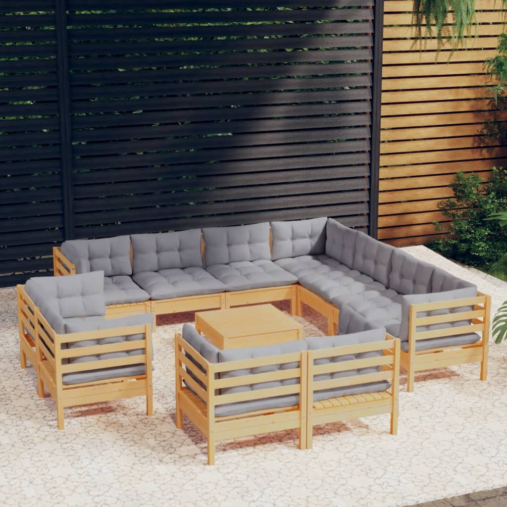 vidaXL 12-tlg. Garten-Lounge-Set mit Grauen Kissen Massivholz Kiefer