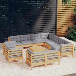 Vrtna sedežna garnitura 12-delna s sivimi blazinami borovina