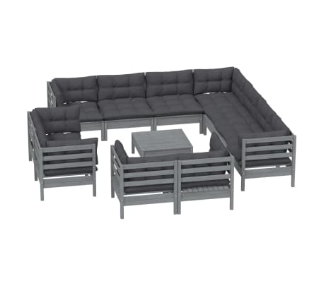 vidaXL Sodo komplektas su pagalvėmis, 12 dalių, pilkas, pu&scaron;ies masyvas