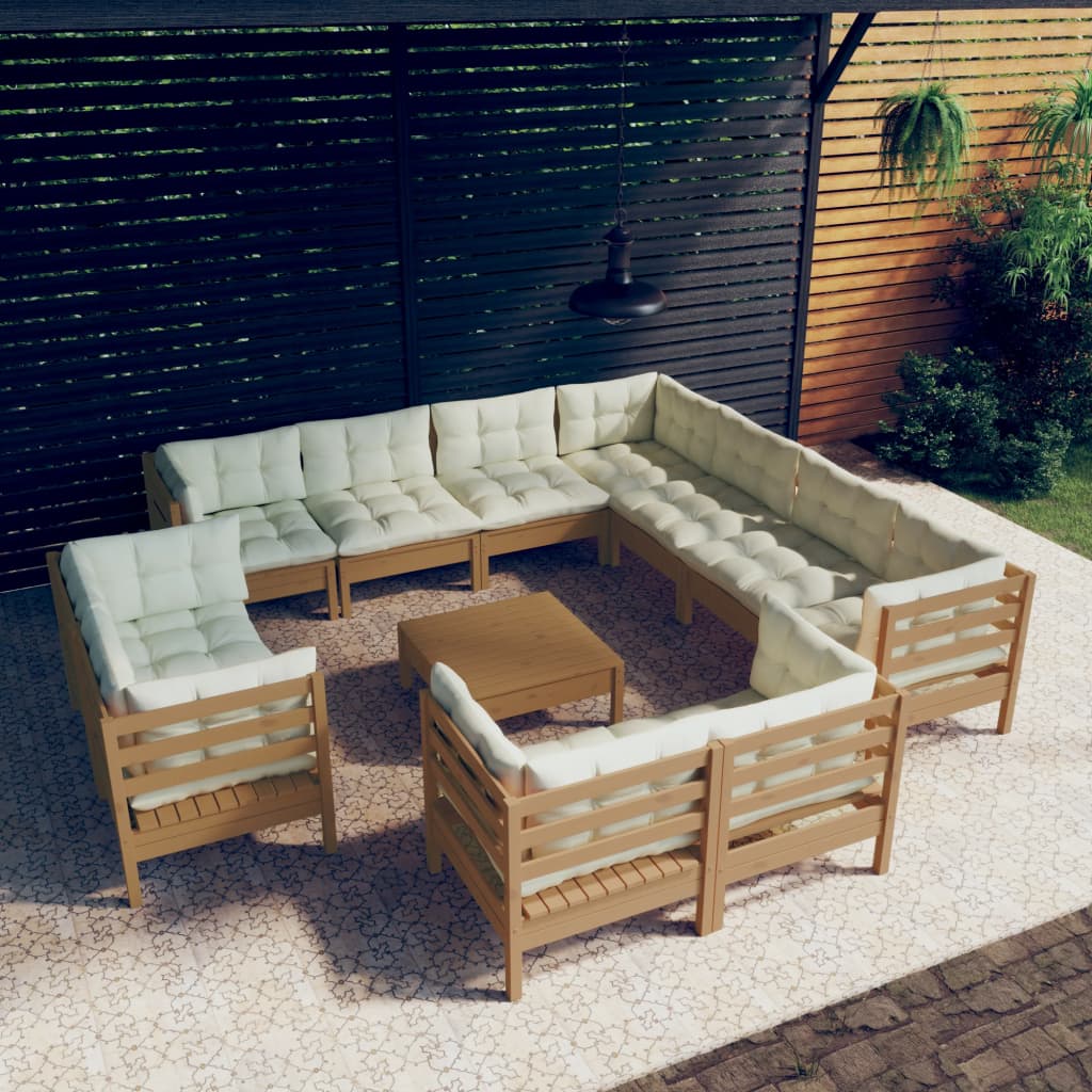 Salon de jardin 12 pcs avec coussins Marron miel Bois de pin