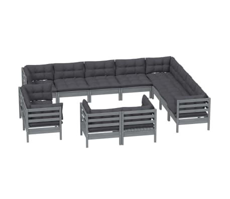 vidaXL Sodo komplektas su pagalvėmis, 12 dalių, pilkas, pu&scaron;ies masyvas