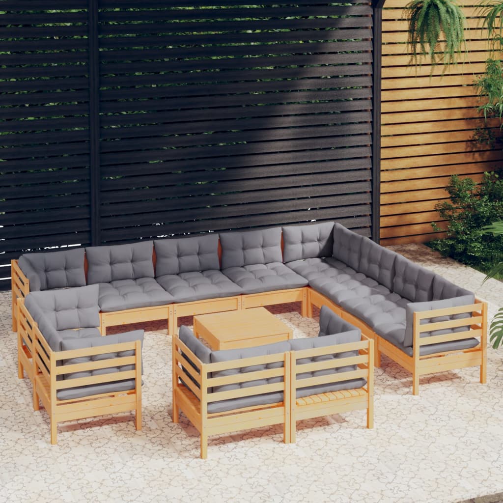 vidaXL 13-tlg. Garten-Lounge-Set mit Grauen Kissen Massivholz Kiefer