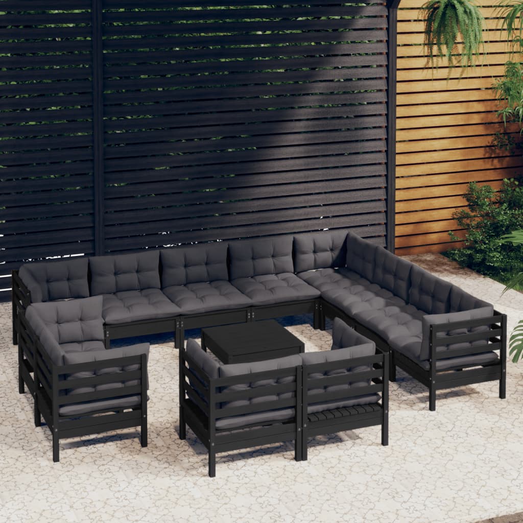 Salon de jardin 13 pcs avec coussins Noir Bois de pin solide