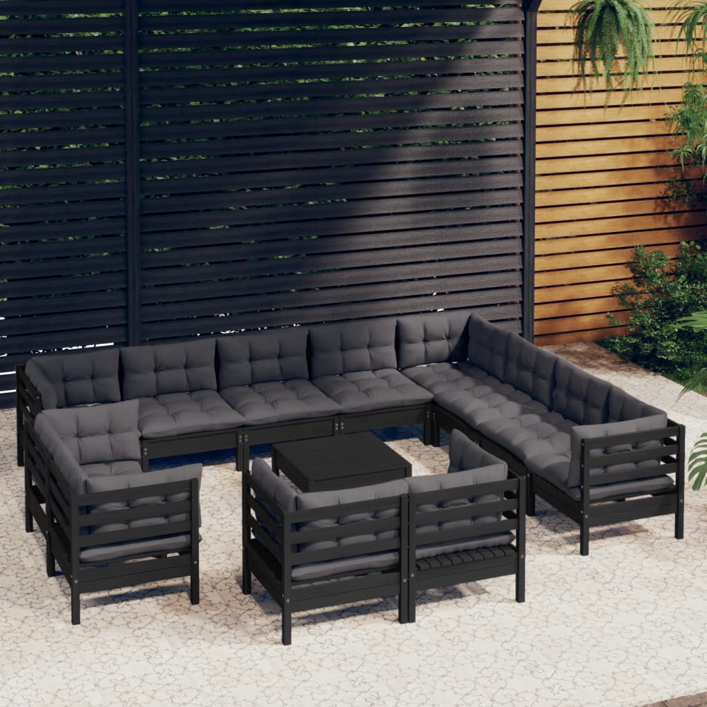 vidaXL 13-tlg. Garten-Lounge-Set mit Kissen Schwarz Massivholz Kiefer