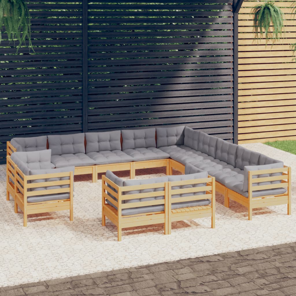 vidaXL 13pcs conjunto lounge de jardim + almofadões cinza pinho maciço