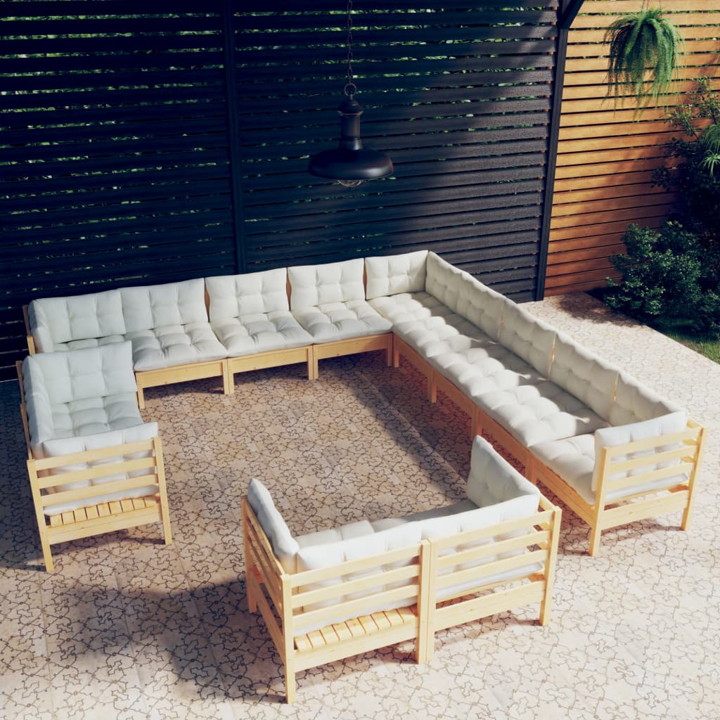 13-tlg. Garten-Lounge-Set mit Creme Kissen Massivholz Kiefer