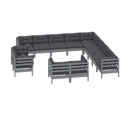 vidaXL Sodo komplektas su pagalvėmis, 13 dalių, pilkas, pu&scaron;ies masyvas