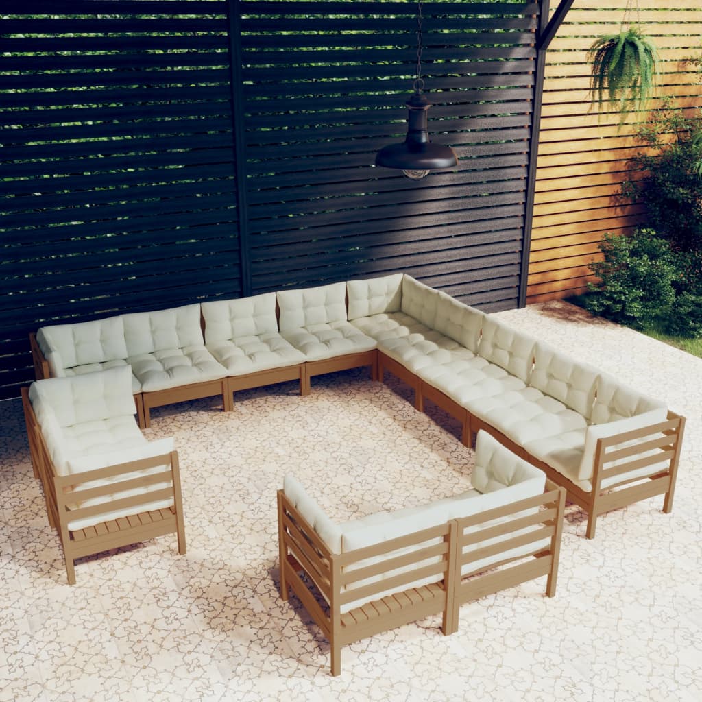 Salon de jardin 13 pcs avec coussins Marron miel Bois de pin