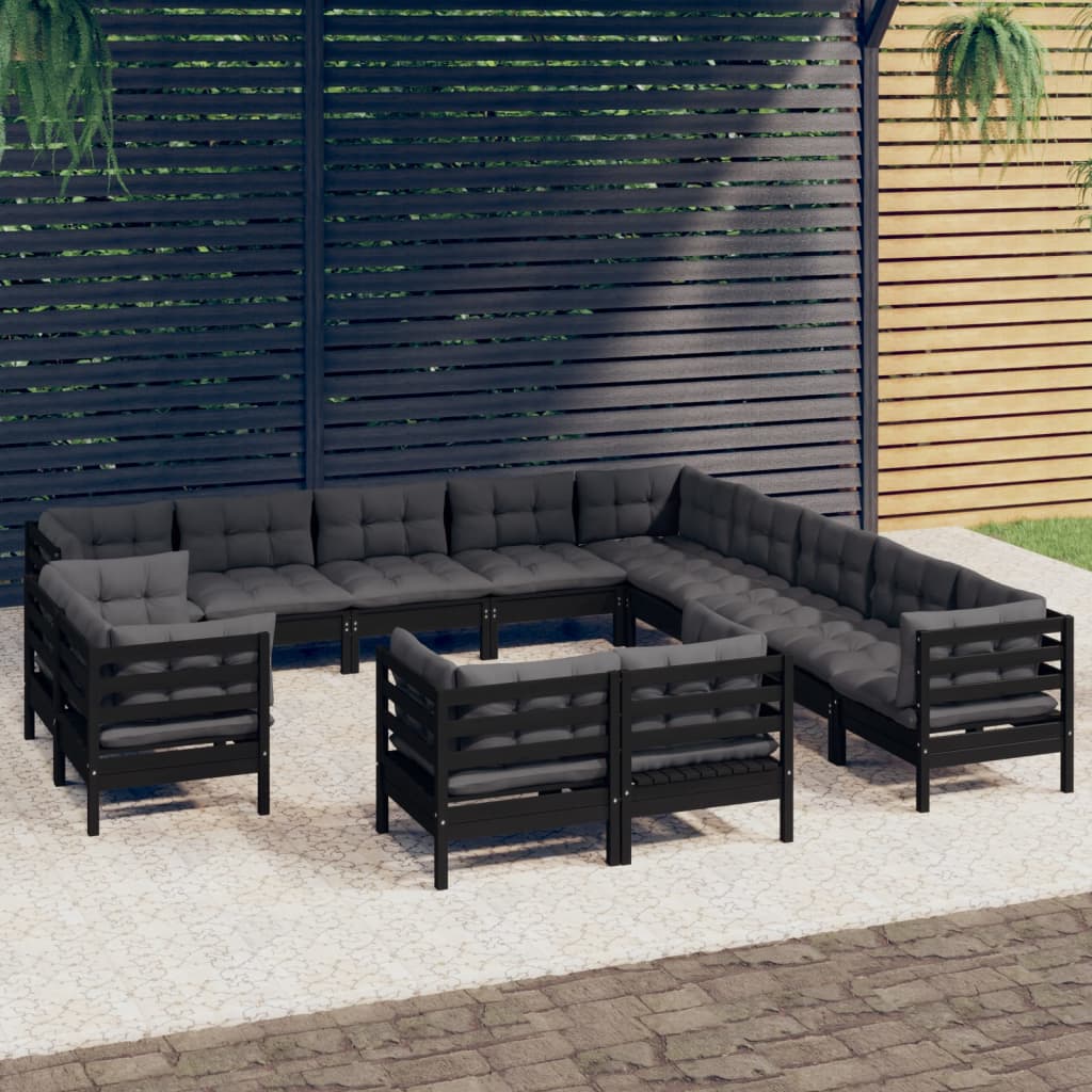 Salon de jardin 13 pcs avec coussins Noir Bois de pin solide