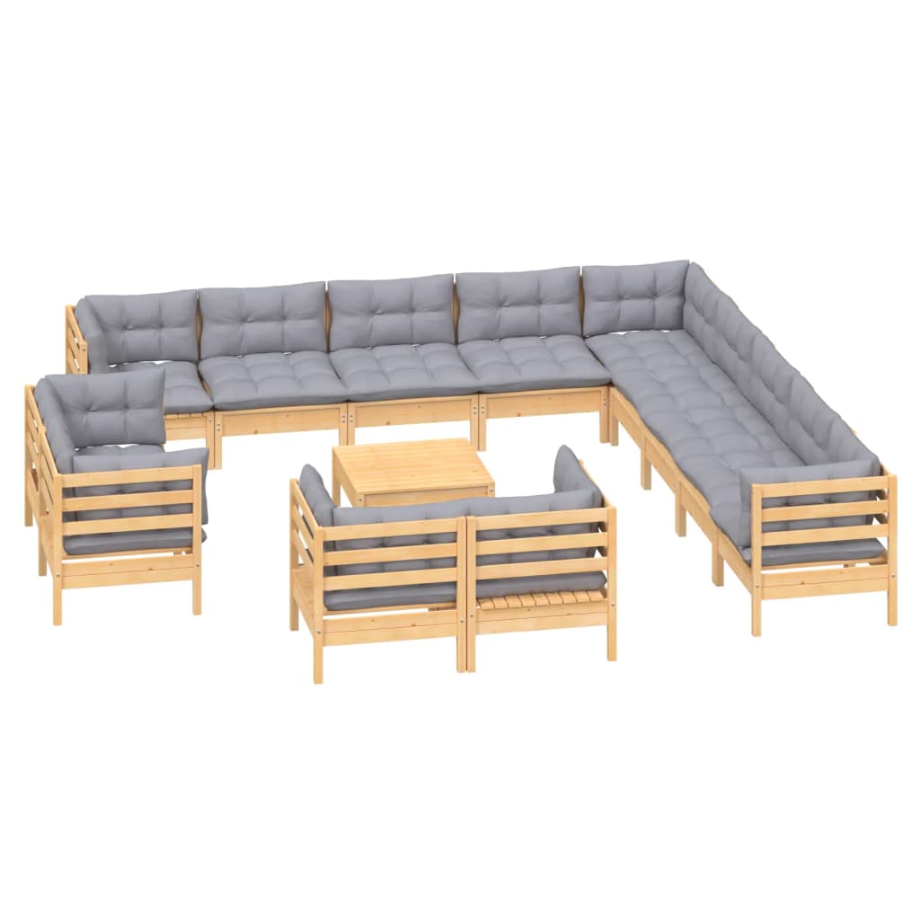 

vidaXL 14-delige Loungeset met grijze kussens massief grenenhout