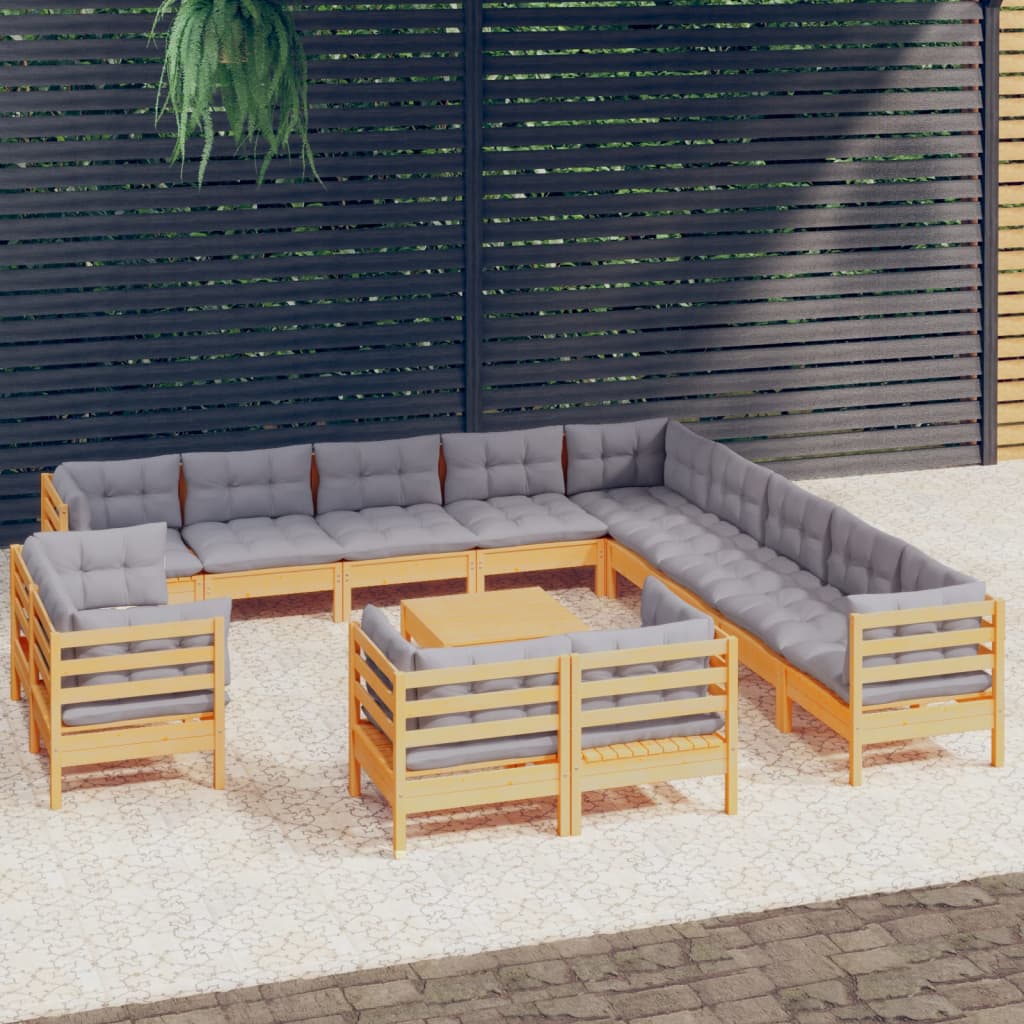 vidaXL 14-tlg. Garten-Lounge-Set mit Grauen Kissen Massivholz Kiefer