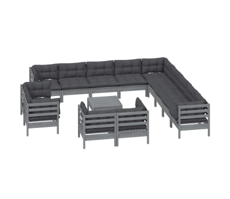 vidaXL Sodo komplektas su pagalvėmis, 14 dalių, pilkas, pu&scaron;ies masyvas