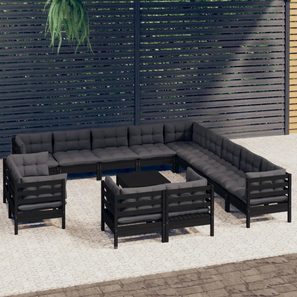Salon de jardin 14 pcs avec coussins Noir Bois de pin solide