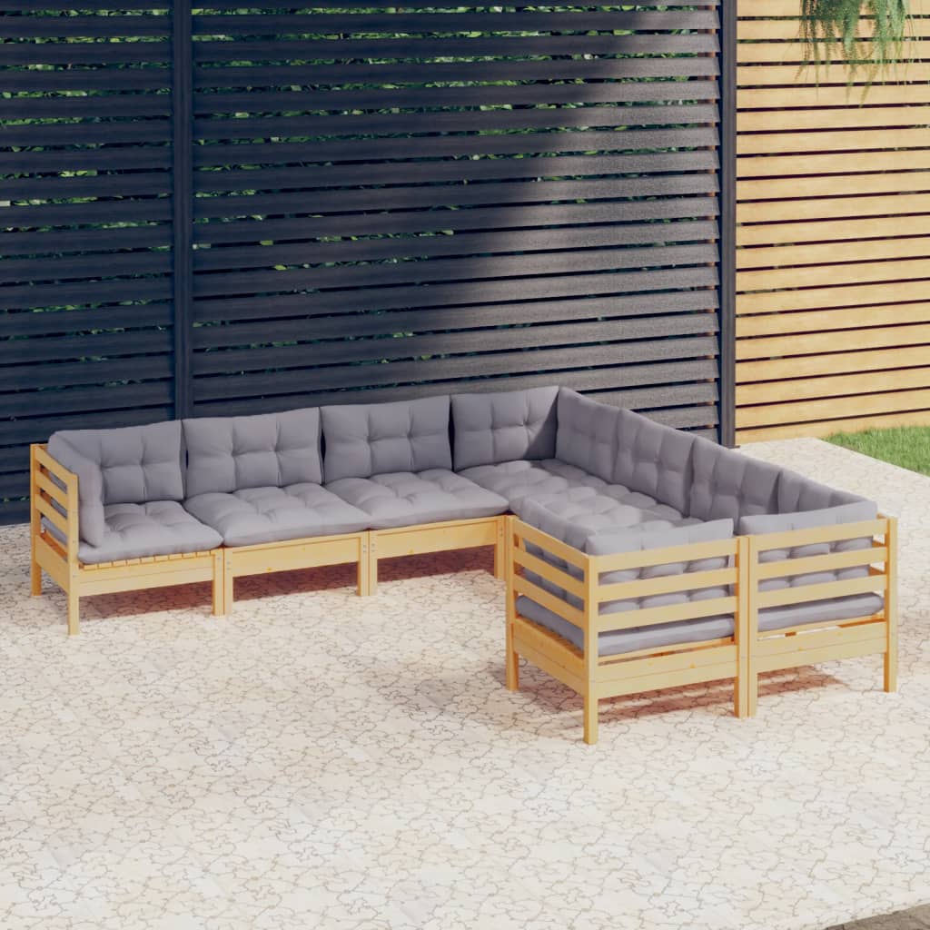 Salon de jardin 8 pcs avec coussins gris bois de pin solide