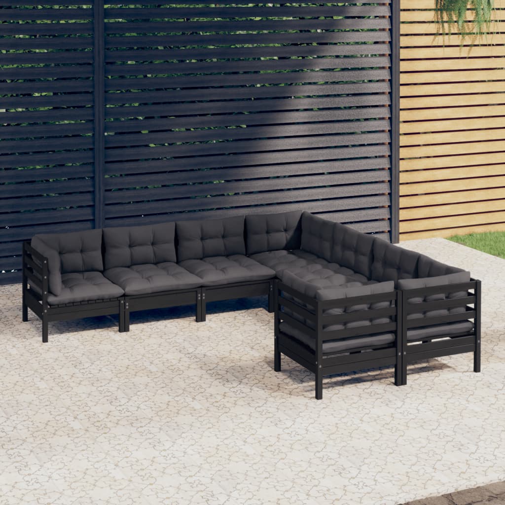 8-tlg. Garten-Lounge-Set mit Kissen Schwarz Massivholz Kiefer