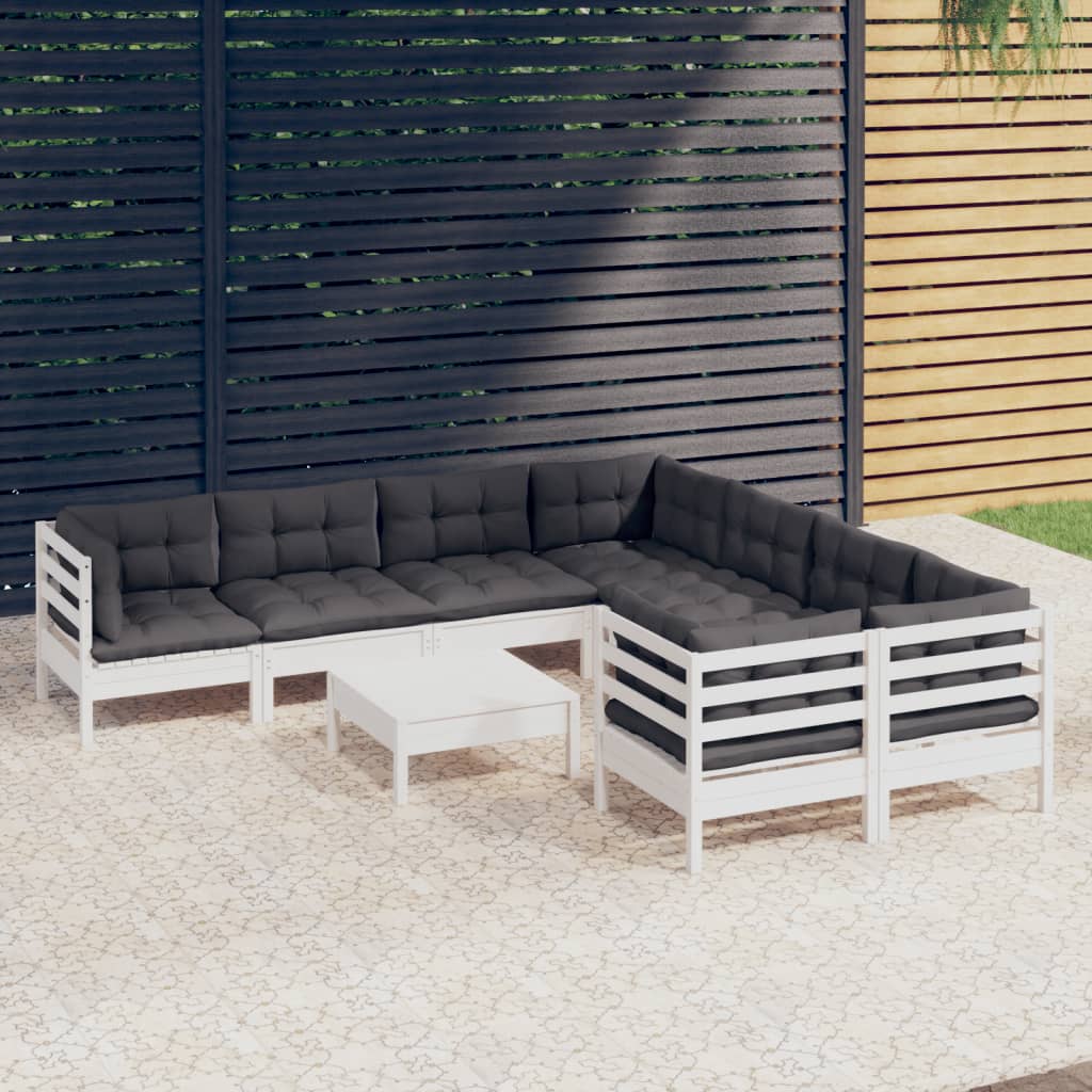 vidaXL Set mobilier de grădină cu perne, 9 piese, alb, lemn de pin vidaXL