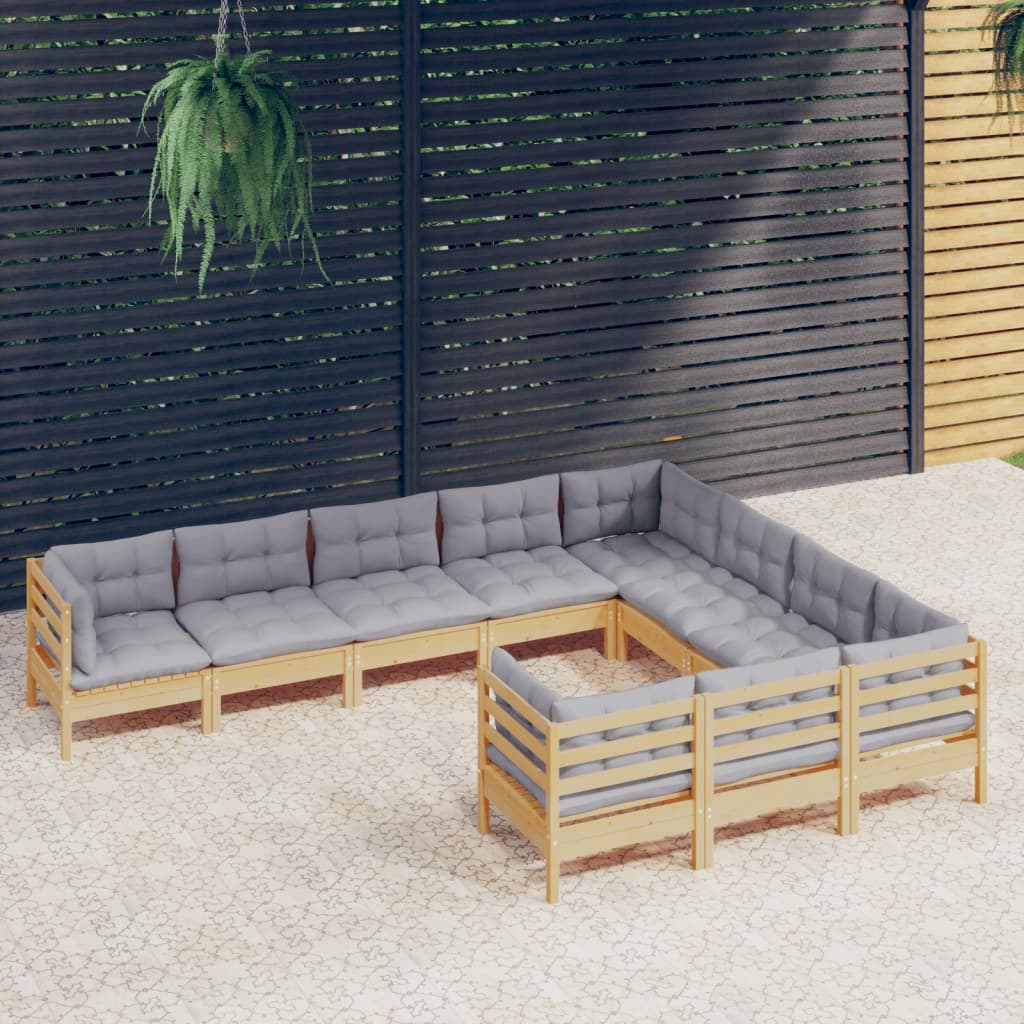 vidaXL 10-tlg. Garten-Lounge-Set mit Grauen Kissen Kiefernholz