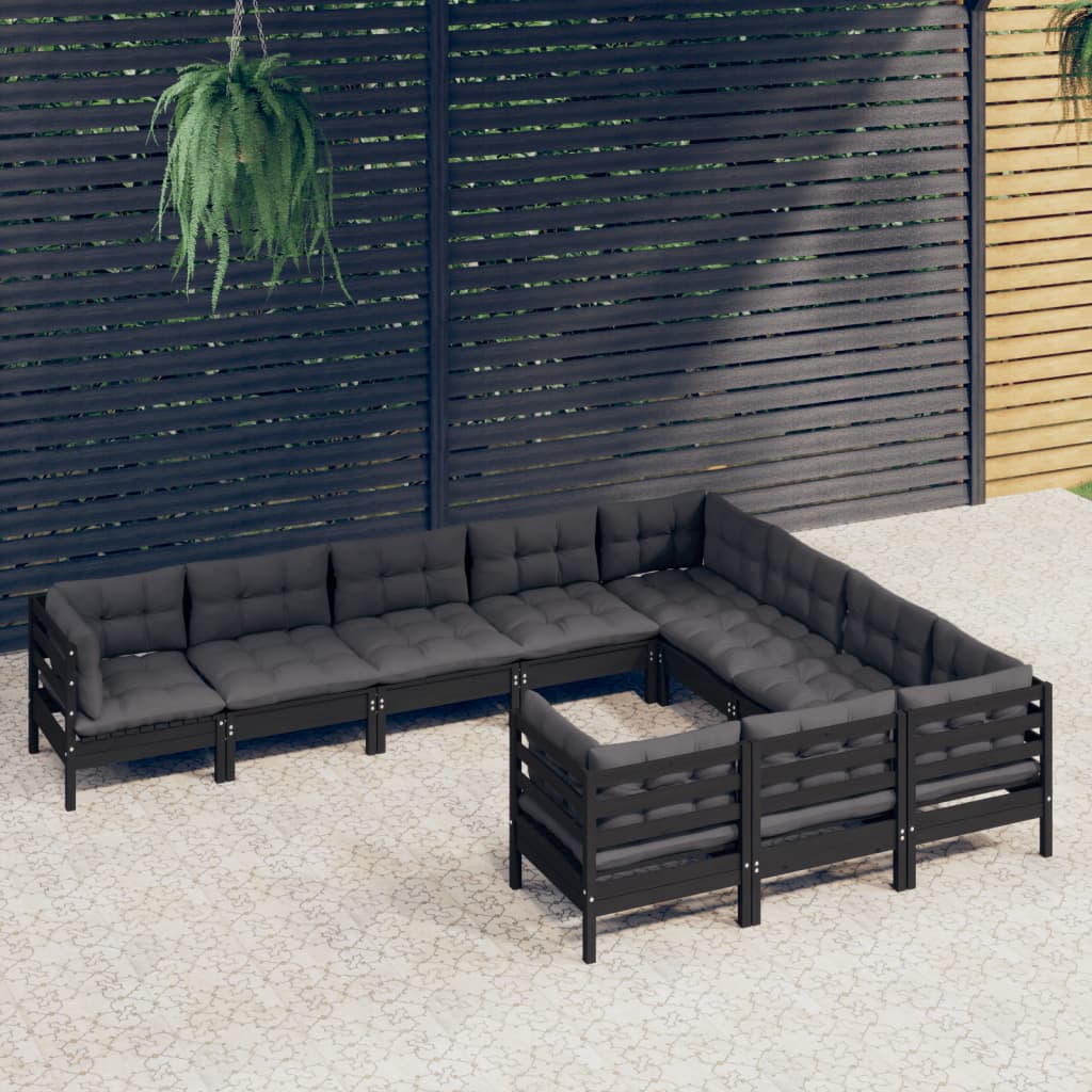 vidaXL 10-tlg. Garten-Lounge-Set mit Kissen Schwarz Kiefernholz