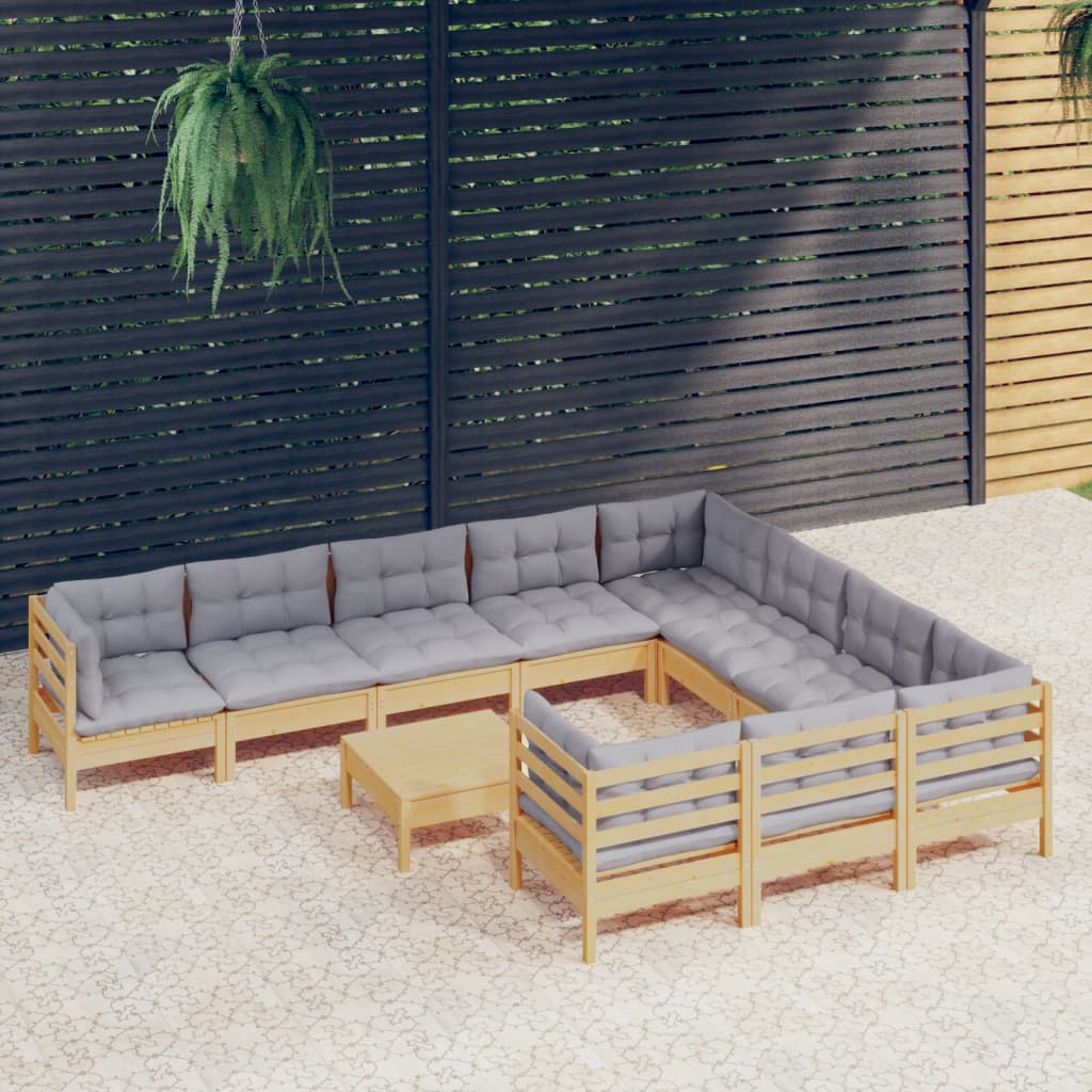 vidaXL 11-tlg. Garten-Lounge-Set mit Grauen Kissen Kiefernholz