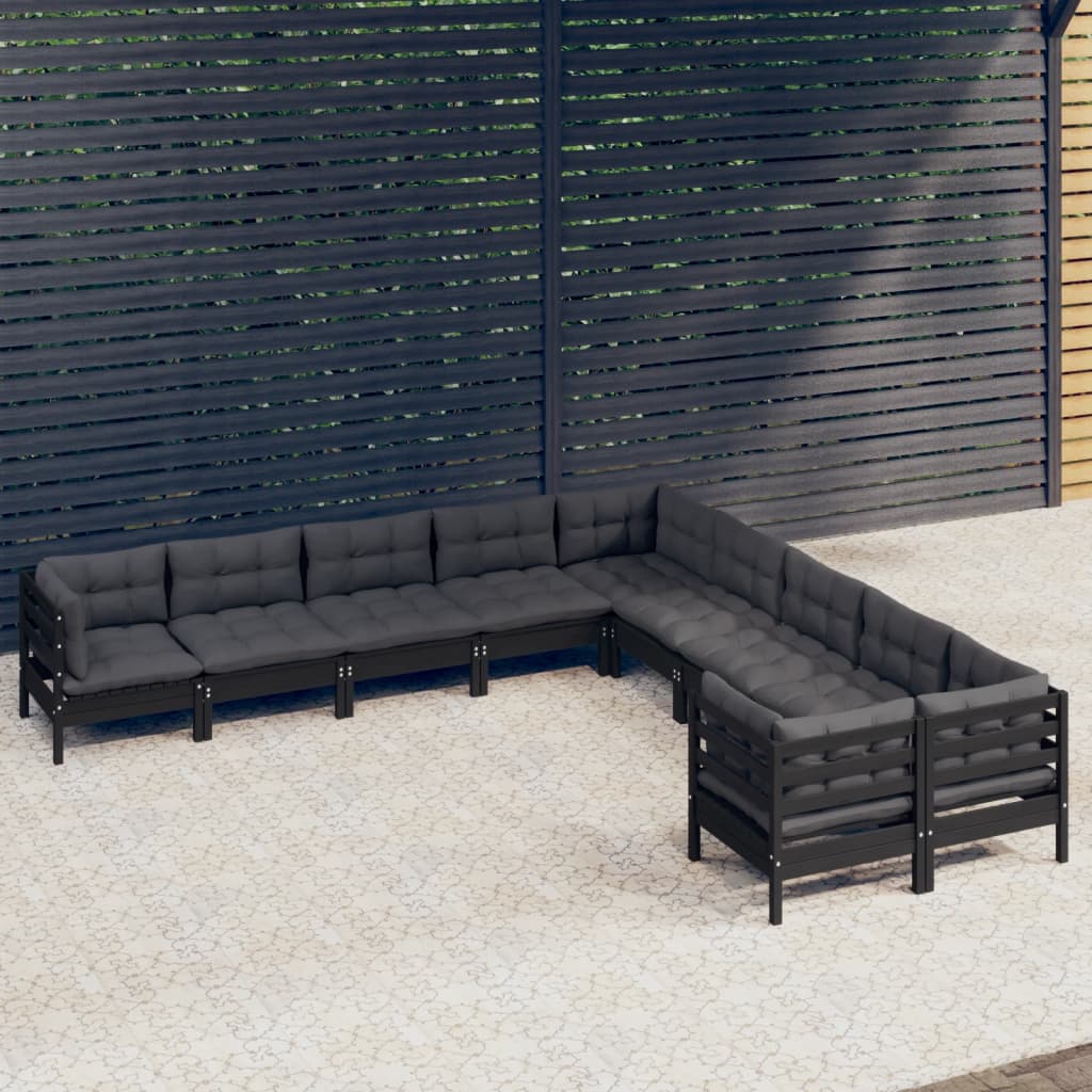 vidaXL 10-tlg. Garten-Lounge-Set mit Kissen Schwarz Kiefernholz