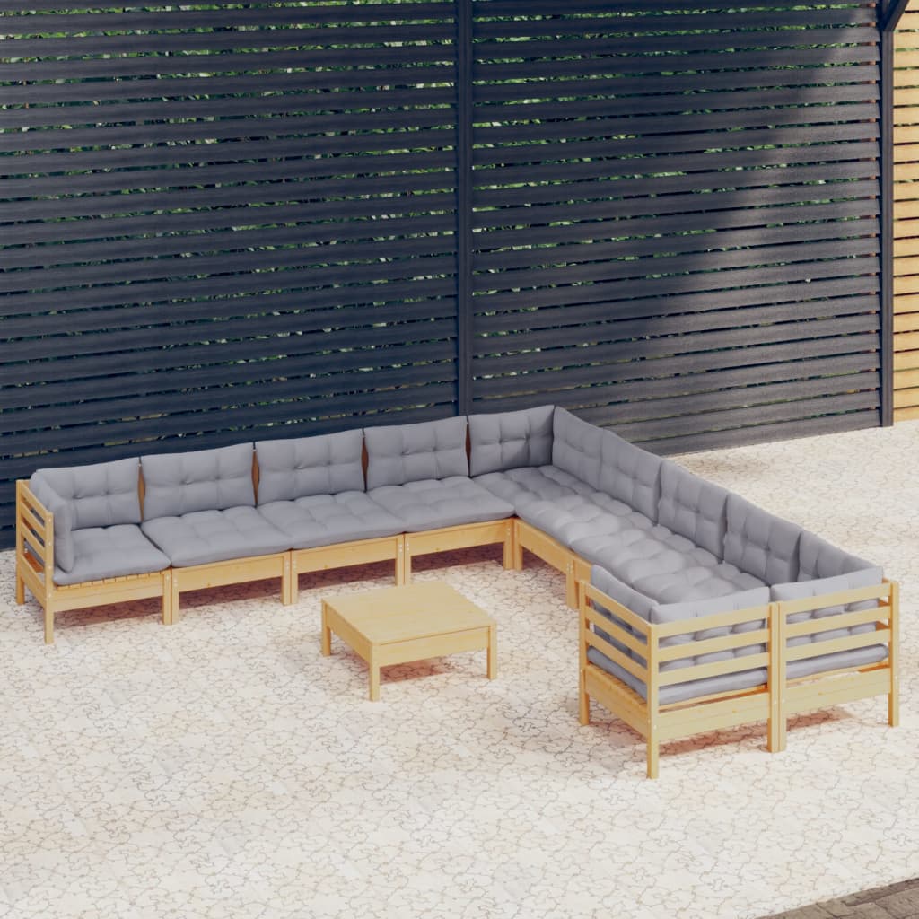 vidaXL 11-tlg. Garten-Lounge-Set mit Grauen Kissen Kiefernholz