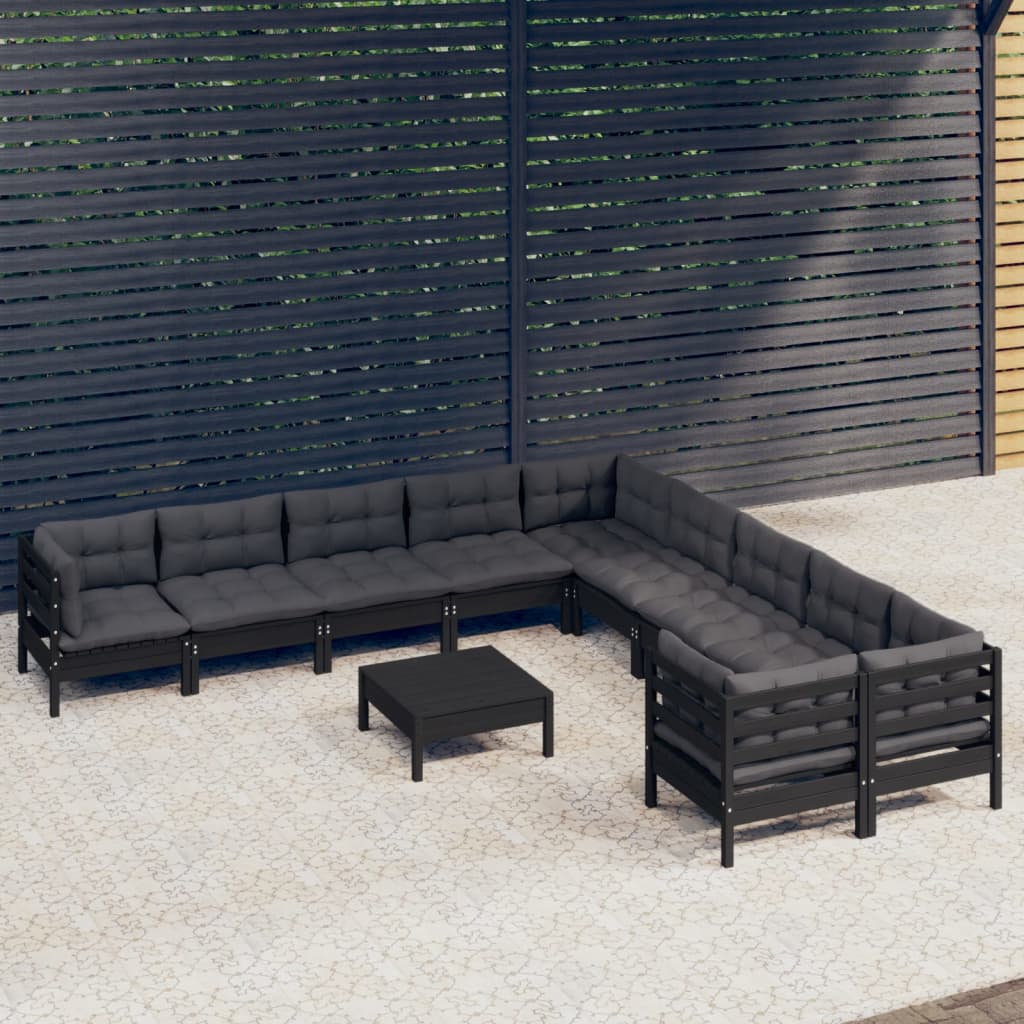 vidaXL 11-tlg. Garten-Lounge-Set mit Kissen Schwarz Kiefernholz