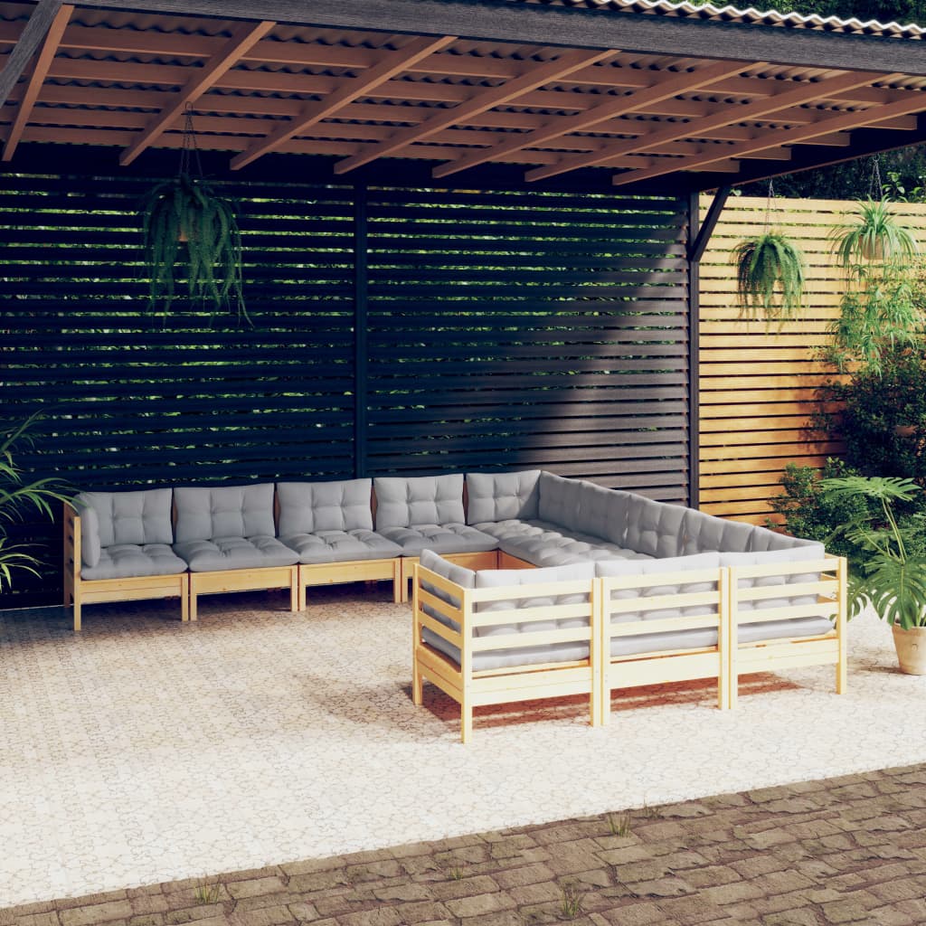 11-tlg. Garten-Lounge-Set mit Grauen Kissen Kiefernholz kaufen