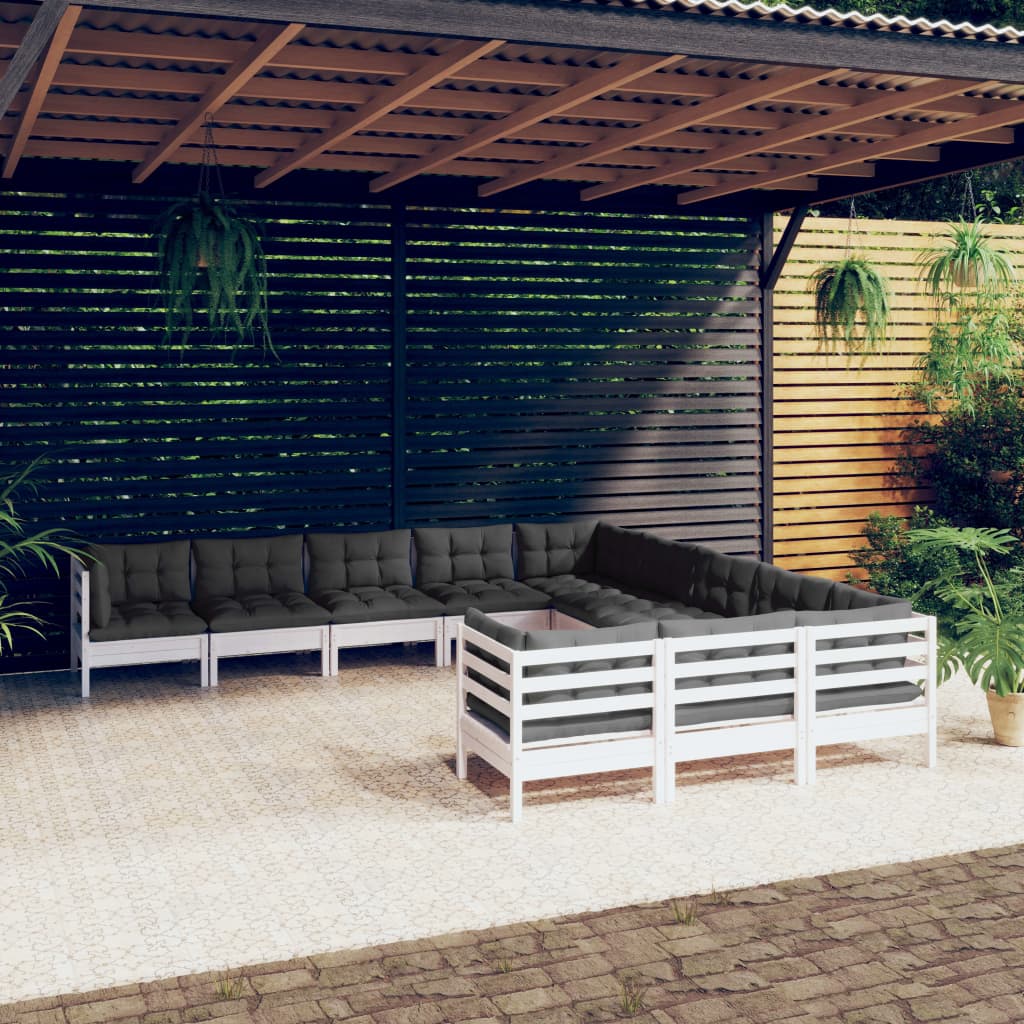 vidaXL Set mobilier grădină cu perne, 11 piese, alb, lemn de pin 