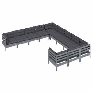 vidaXL 11 Piece Garden Lounge Set with Cushions Grey Pinewood