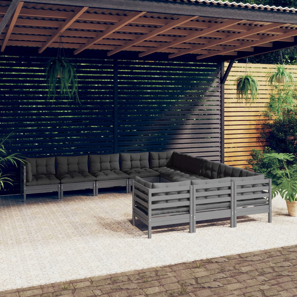 vidaXL 11-tlg. Garten-Lounge-Set mit Kissen Grau Kiefernholz