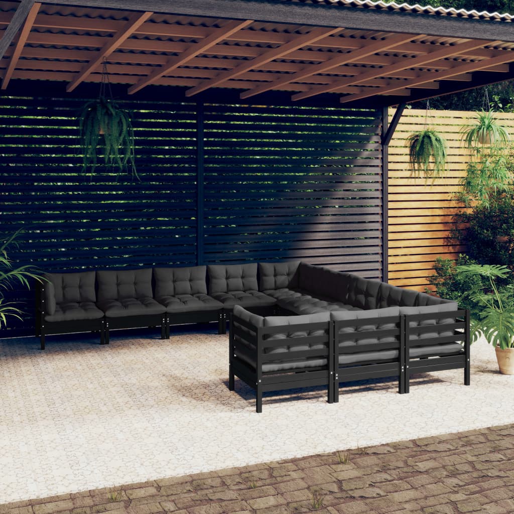 vidaXL 11-tlg. Garten-Lounge-Set mit Kissen Schwarz Kiefernholz