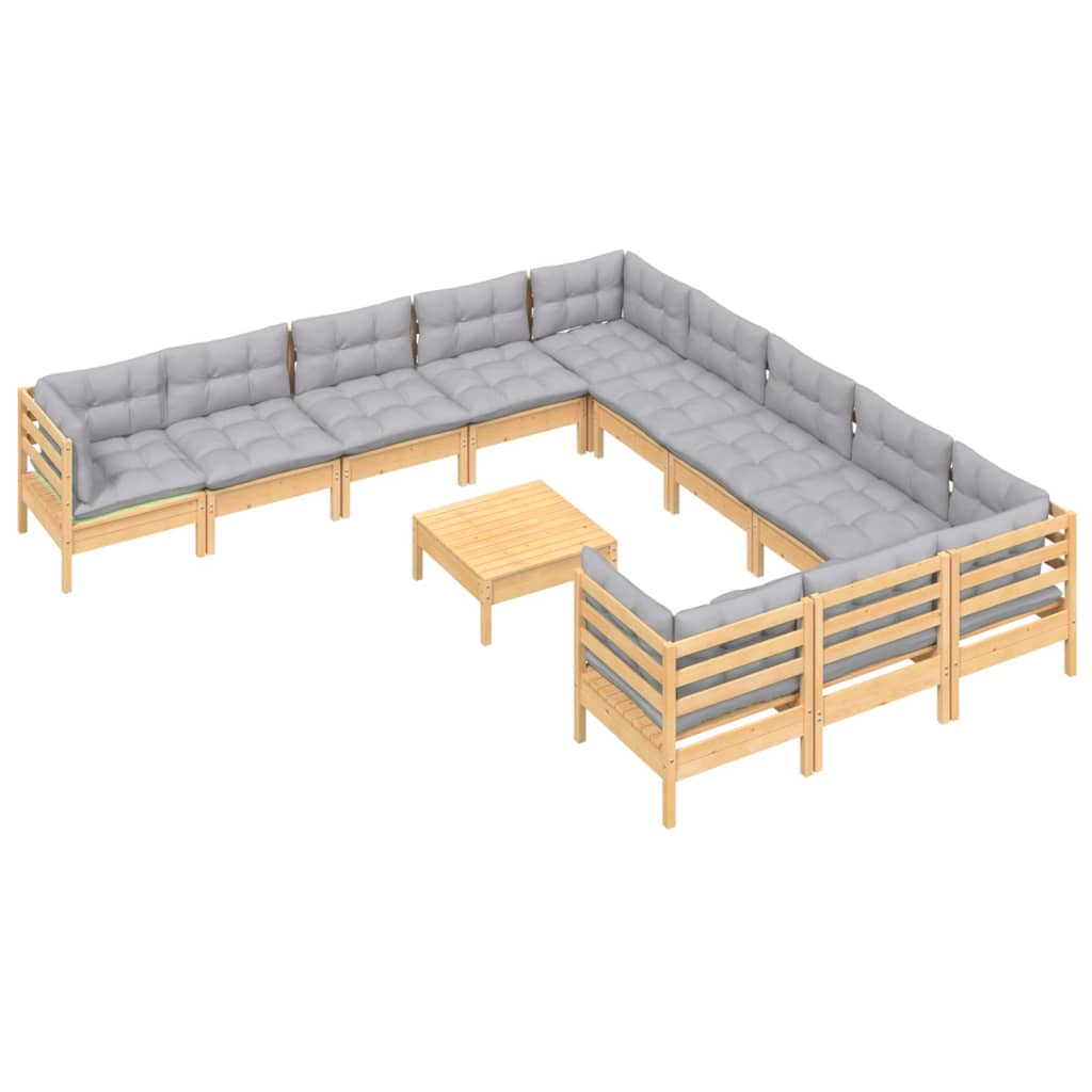 vidaXL 12-delige Loungeset met grijze kussens massief grenenhout afbeelding