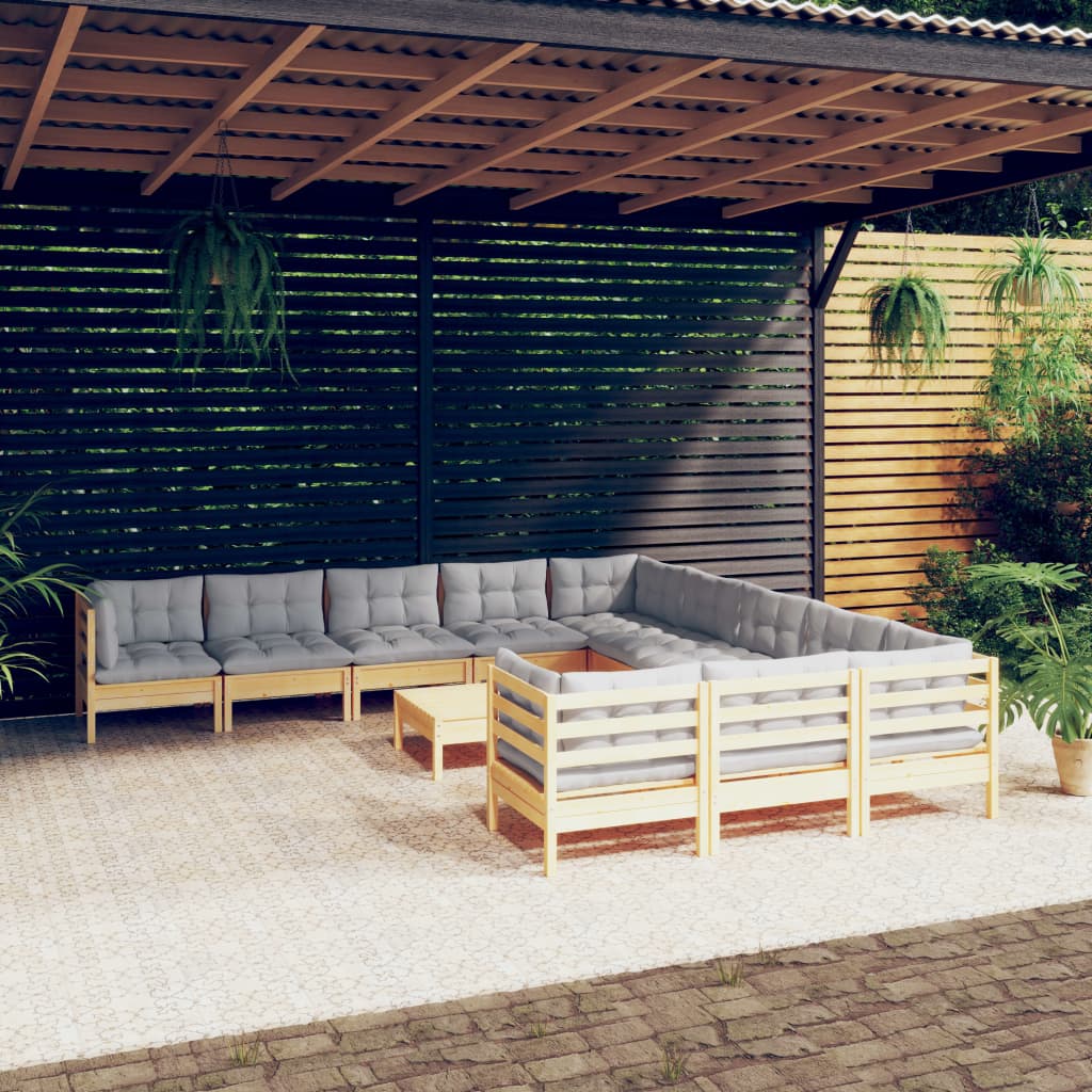 vida XL 12-tlg. Garten-Lounge-Set mit Grauen Kissen Kiefernholz